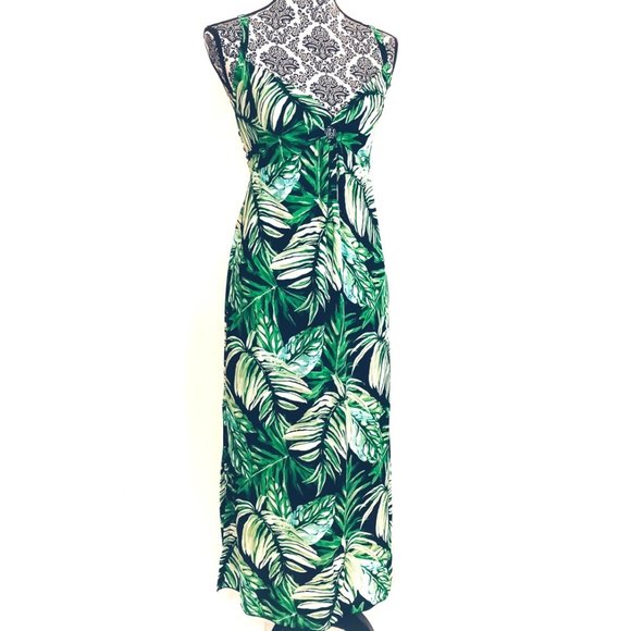 ISLAND PLANET Tropical Leaf Print Spaghetti Strap Resort Maxi Dress S - Picture 4 of 5